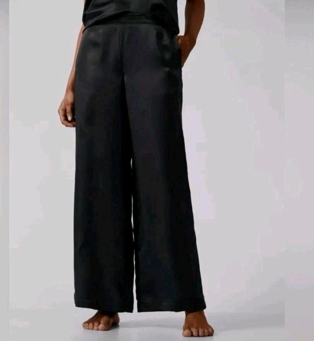 NEW ATHLETA Calm Cool Pant Size L Black Wide Leg Back Elastic Sleep Lounge Cupro